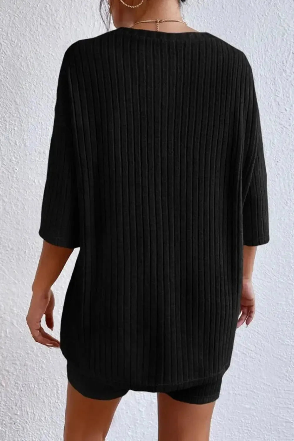 Black plain ribbed loose fit two piece lounge set -