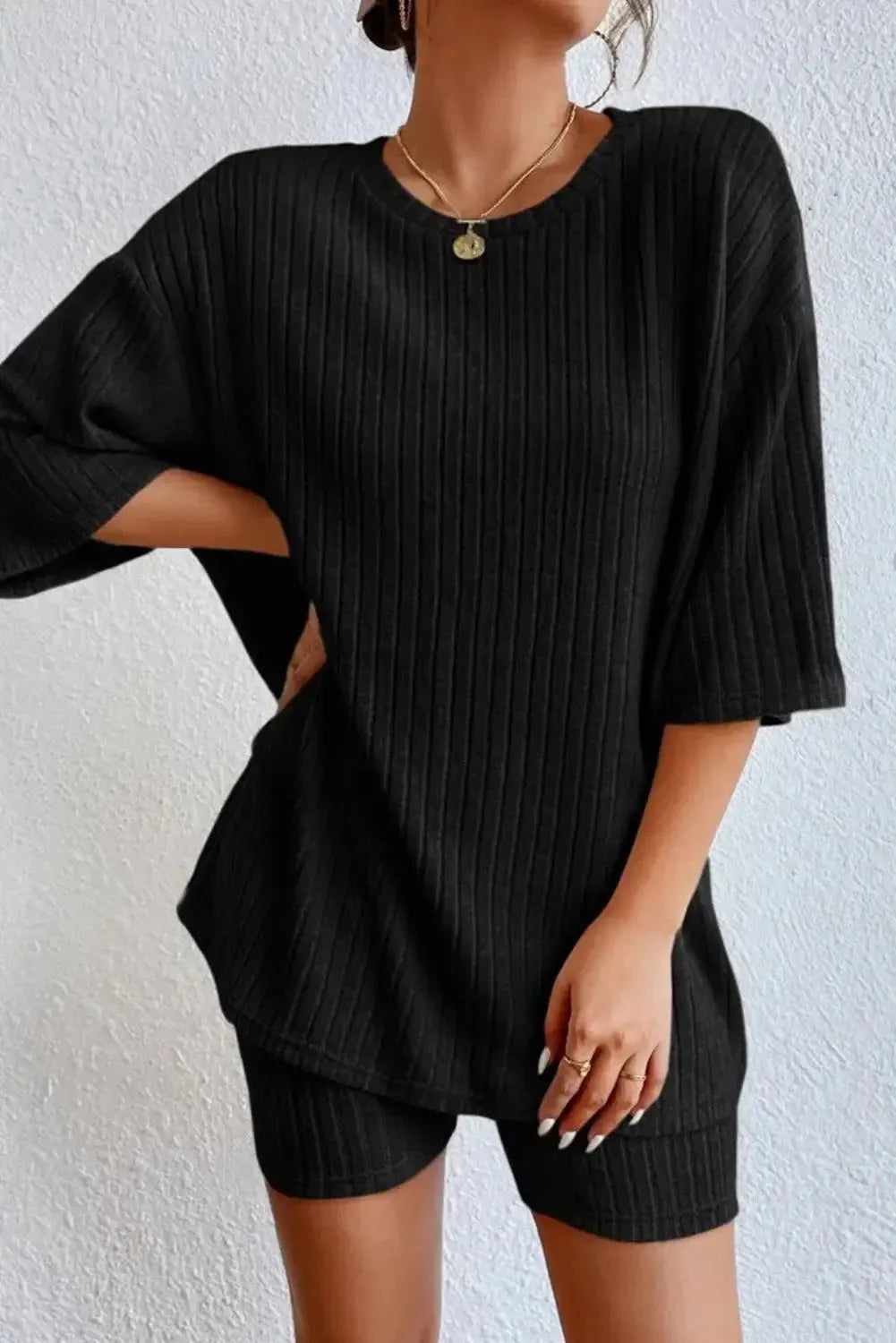 Black plain ribbed loose fit two piece lounge set - s /