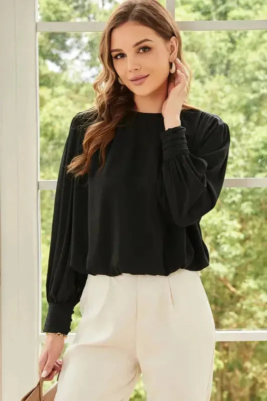 Black Pleated Loose Blouse - Padded Shoulder Buttoned Cuffs - Fashionfitz