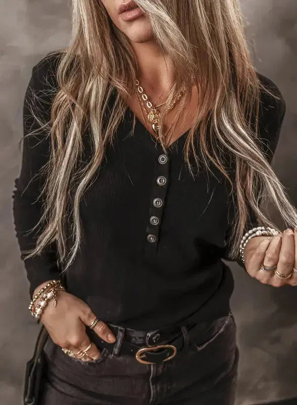 Black Ribbed Top - V-Neck Long Sleeve - Fashionfitz