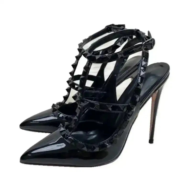 Black Rivets High Heels Stiletto Roman Sandals - Fashionfitz