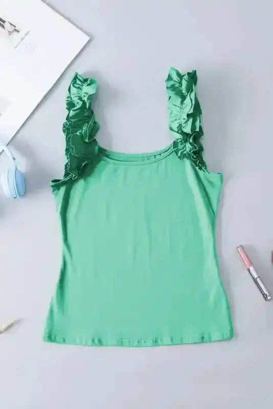 Sleeveless mint green top with charming ruffled straps and cozy fit - Fashionfitz