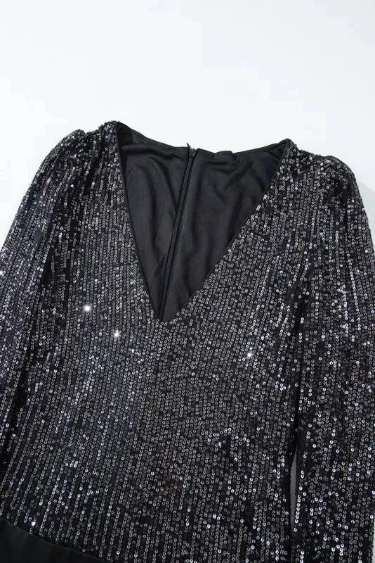 Black Sequin V-Neck Bodysuit - Fashionfitz