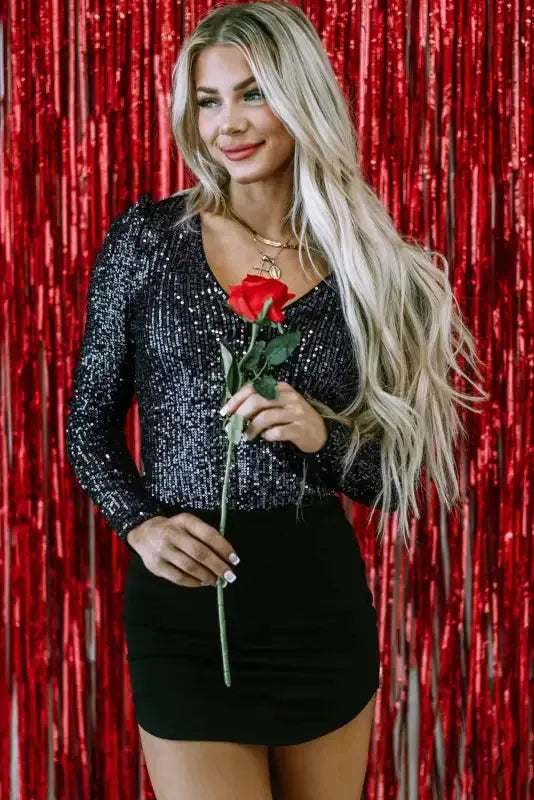 Black Sequin V-Neck Bodysuit - Fashionfitz