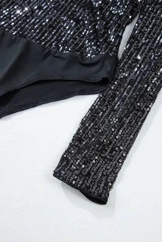 Black Sequin V-Neck Bodysuit - Fashionfitz