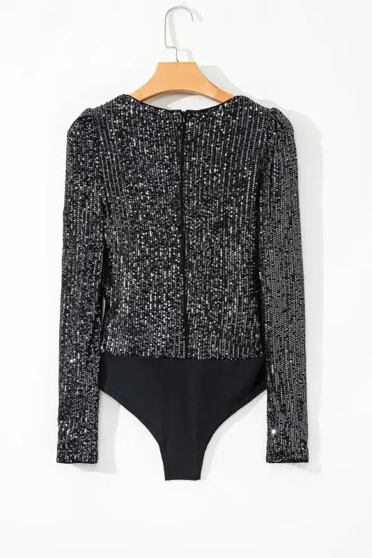 Black Sequin V-Neck Bodysuit - Fashionfitz
