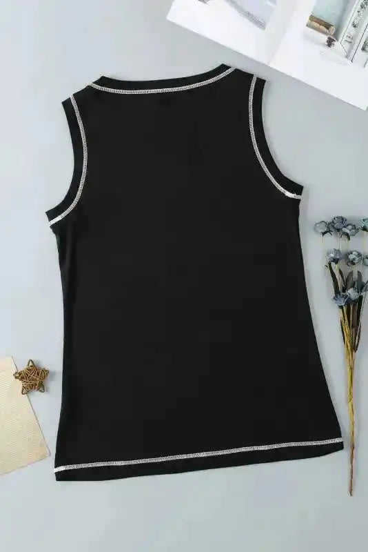 Black Sleeveless Top - Contrast Stitch Round Neck - Fashionfitz