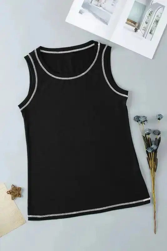 Black Sleeveless Top - Contrast Stitch Round Neck - Fashionfitz