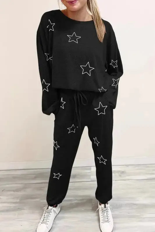 Black Stars Print Long Sleeve Drawstring High Waist Lounge Set - Fashionfitz