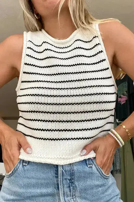 Front view of Black Stripe Raw Edge Knitted Vest from FashionFitz Women's Wear, featuring sleeveless design and horizontal black stripes.