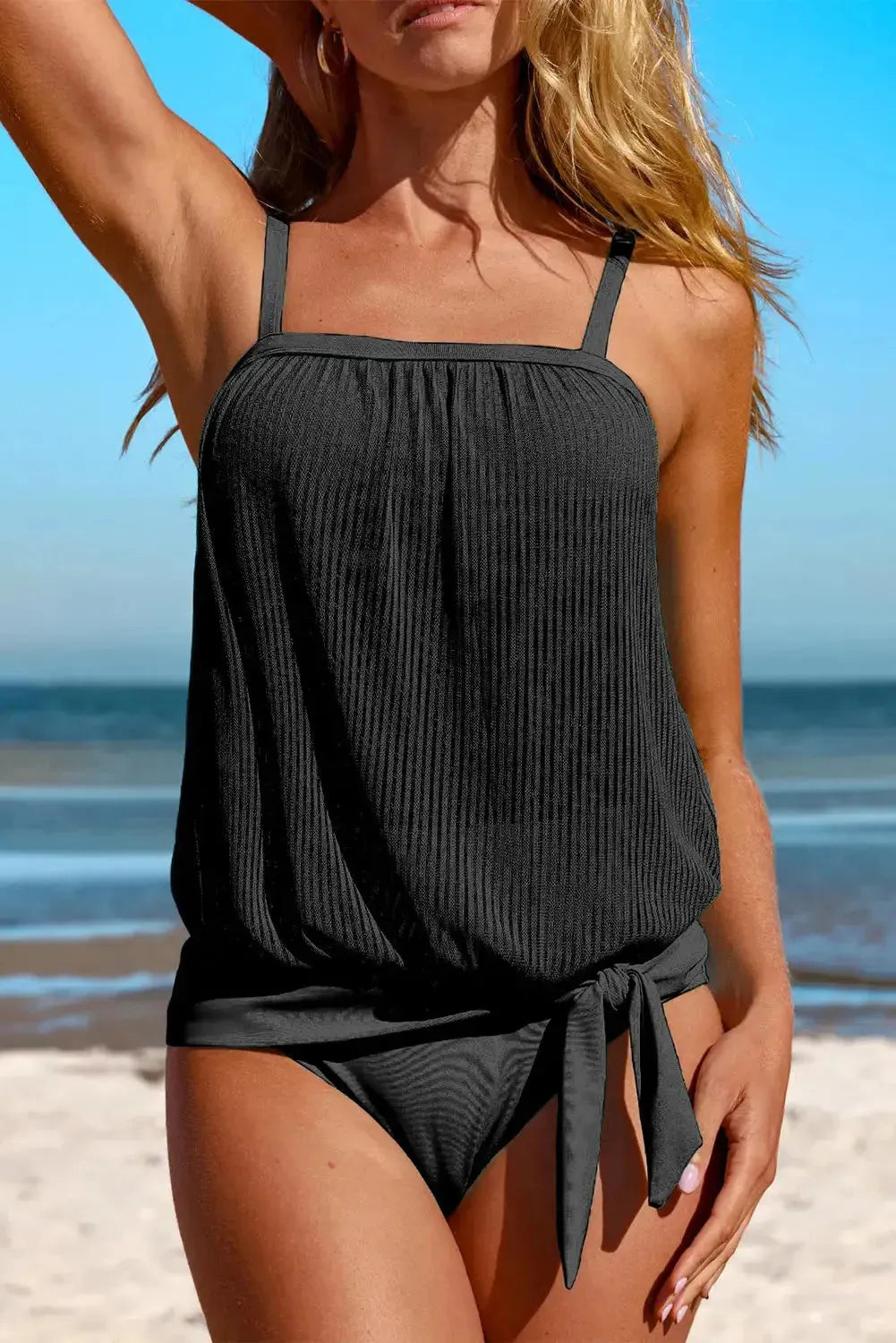 Black Striped Mesh Knotted Hem Tankini Swimsuit - Fashionfitz