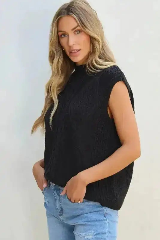 Black Sweater Vest - Solid Color Cable Knit High Neck - Fashionfitz