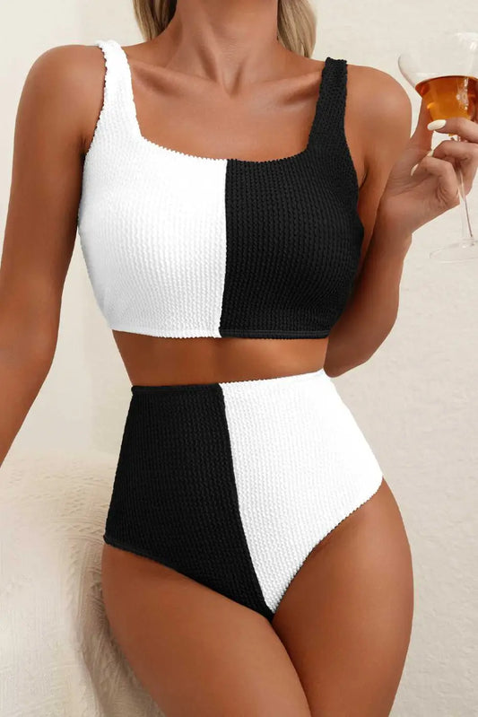 Black & White Bikini Swimsuit front view with high waist