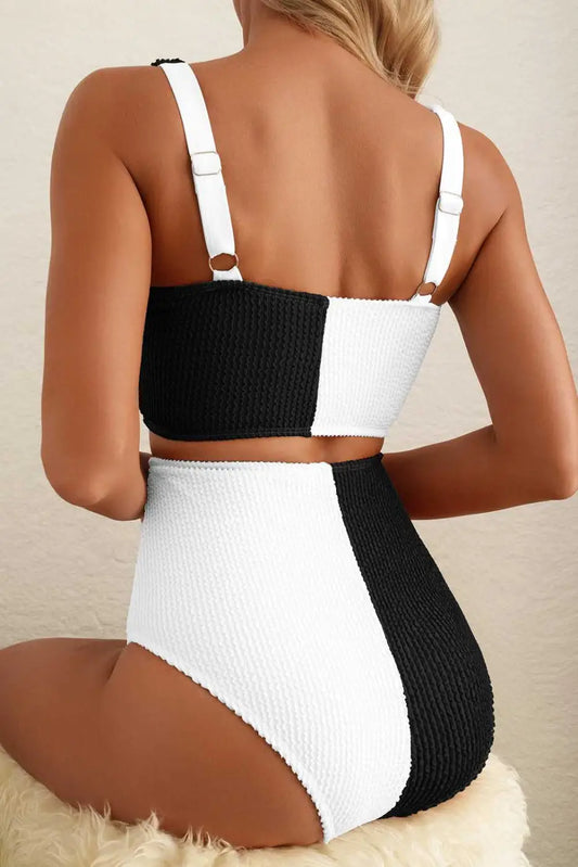 Black & White Bikini Swimsuit back view with adjustable straps
