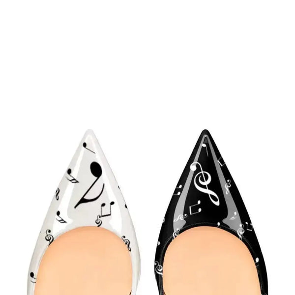 Side profile of black and white pointed-toe stiletto heel pump Fashionfitz UK