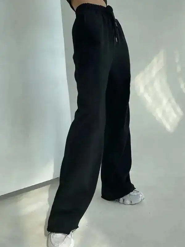 Black Wide Leg Sweatpants Casual Trousers - Fashionfitz