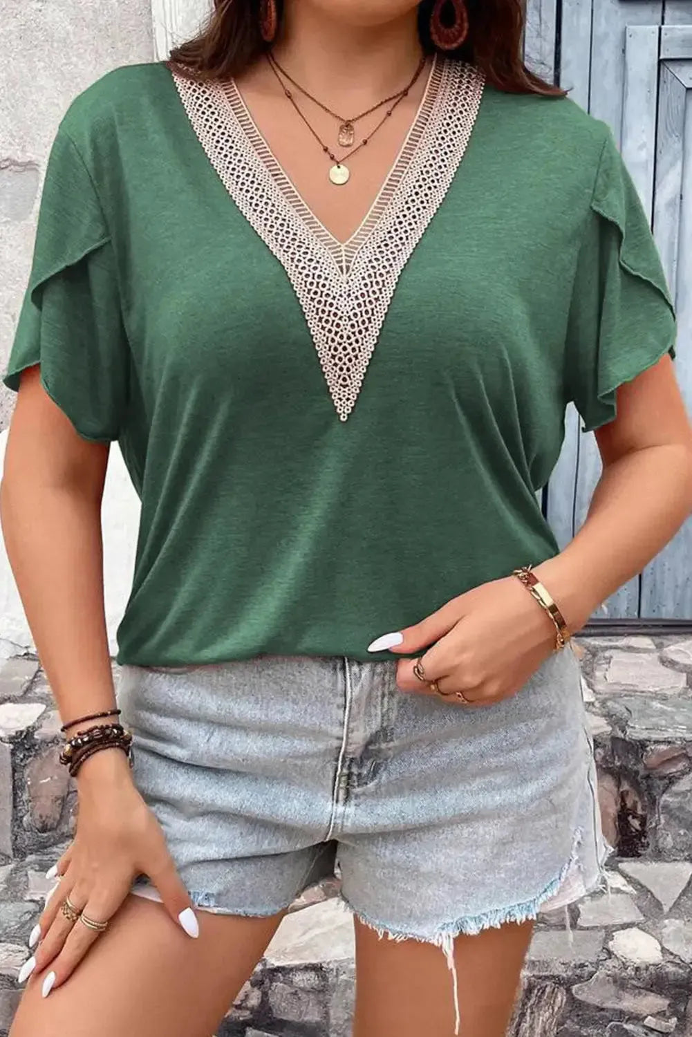 Blackish Green Plus Size Embroidery V Neck Draped Sleeve Blouse - Fashionfitz