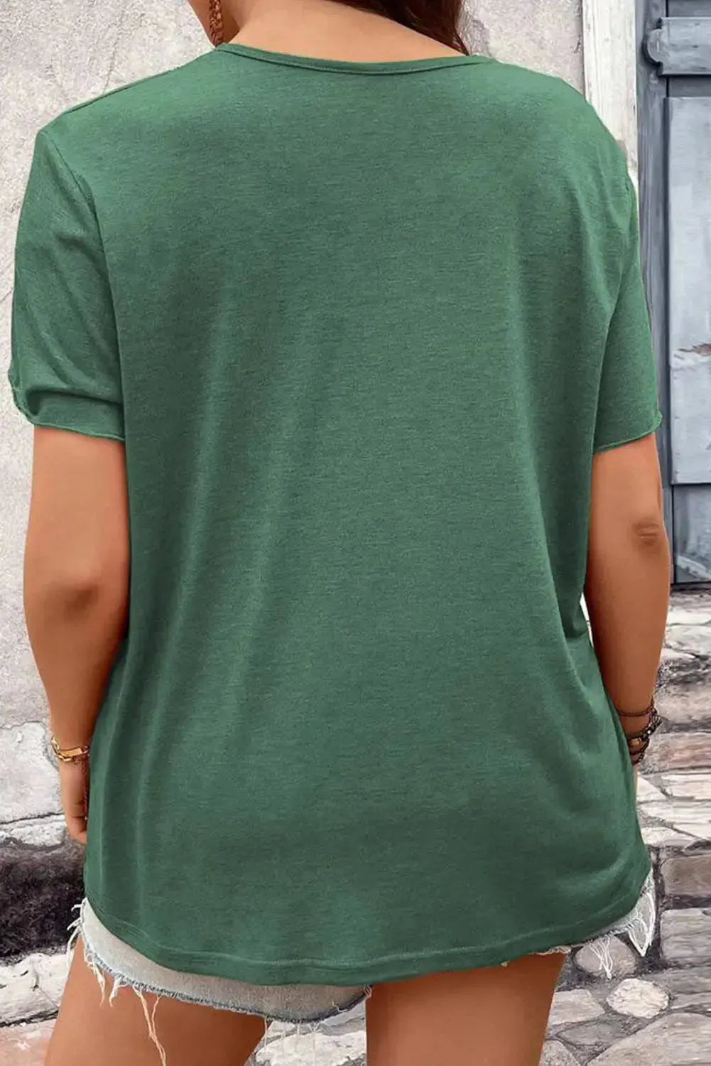 Blackish Green Plus Size Embroidery V Neck Draped Sleeve Blouse - Fashionfitz