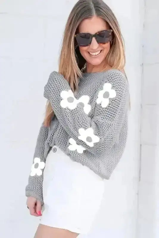 Floral hollow knit drop shoulder sweater back view — Fashionfitz UK