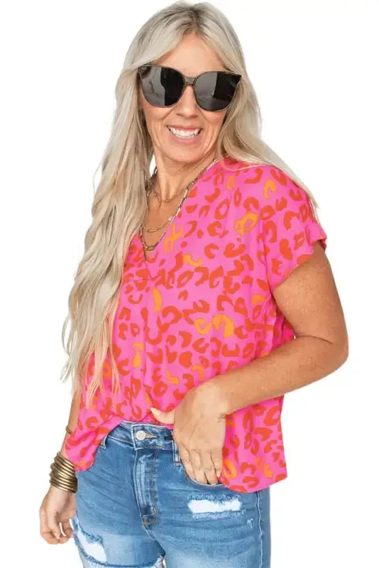 Pink Leopard V Neck Short Sleeve Blouse - Fashionfitz