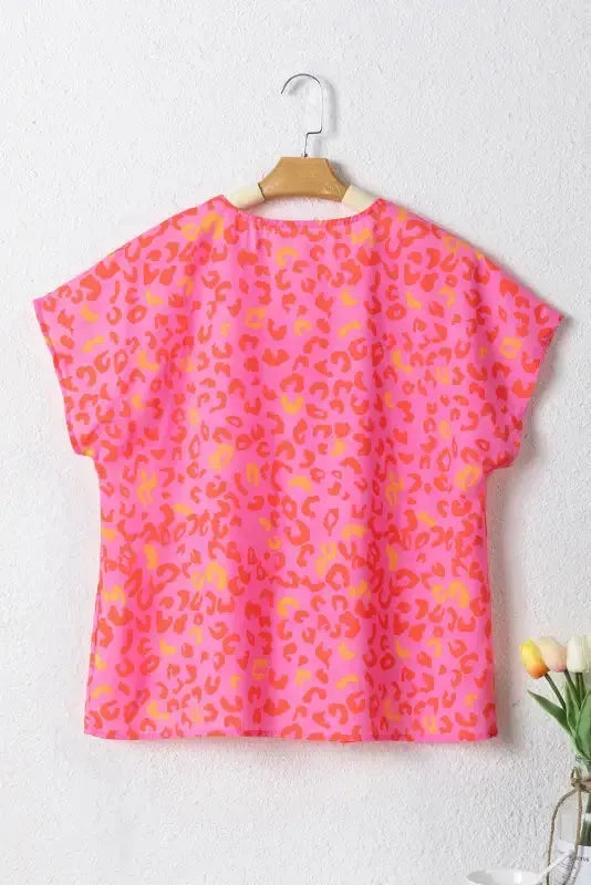 Pink Leopard V Neck Short Sleeve Blouse - Fashionfitz