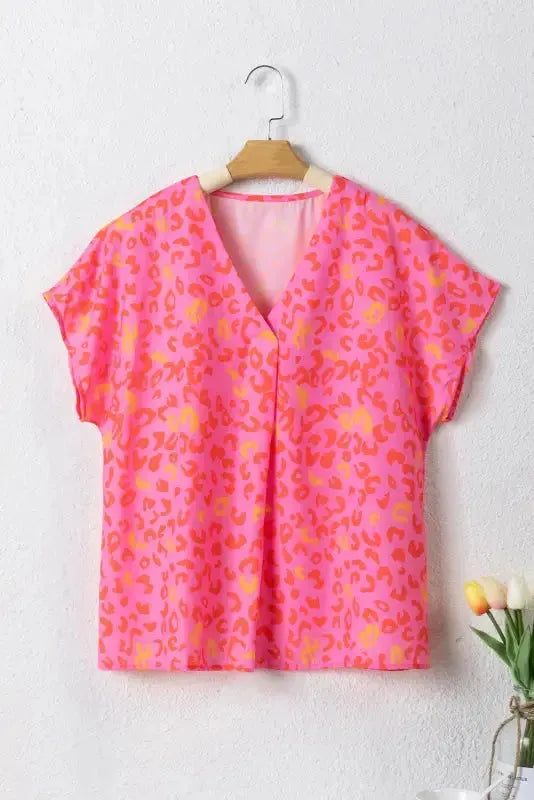 Pink Leopard V Neck Short Sleeve Blouse - Fashionfitz