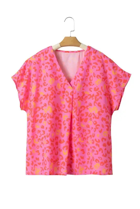 Pink Leopard V Neck Short Sleeve Blouse - Fashionfitz