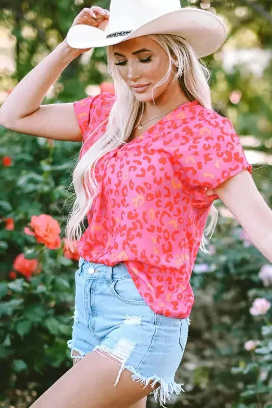 Pink Leopard V Neck Short Sleeve Blouse - Fashionfitz