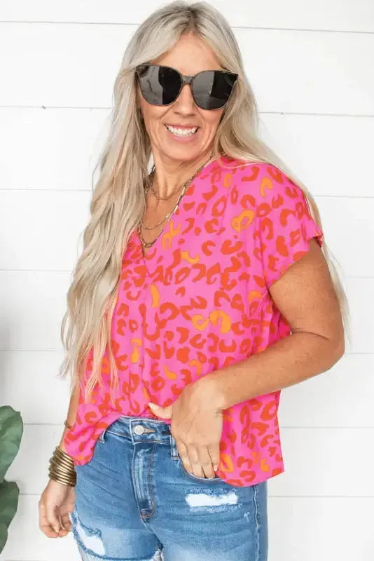 Pink Leopard V Neck Short Sleeve Blouse - Fashionfitz