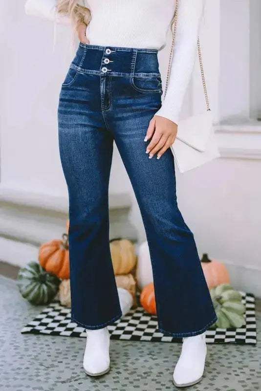 Blue Buttons Flare Jeans - Elastic Wide Waistband - Fashionfitz