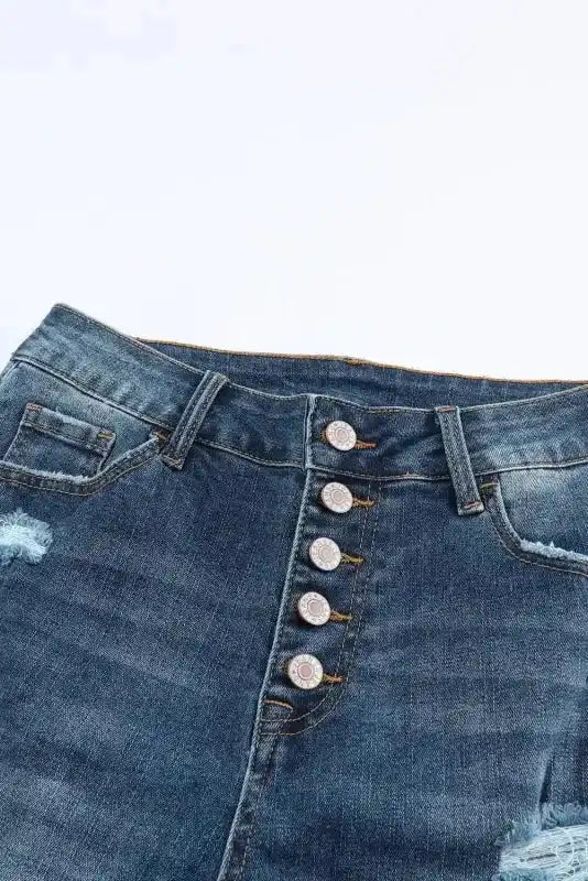 Blue Distressed Button Fly High Waist Skinny Jeans - Fashionfitz