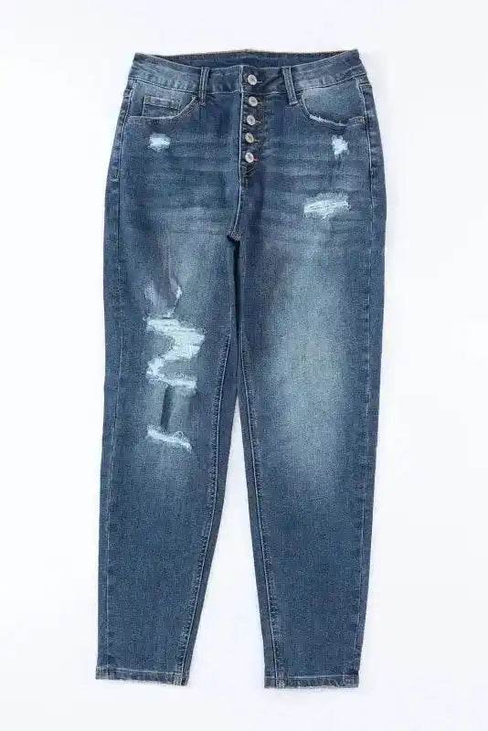 Blue Distressed Button Fly High Waist Skinny Jeans - Fashionfitz