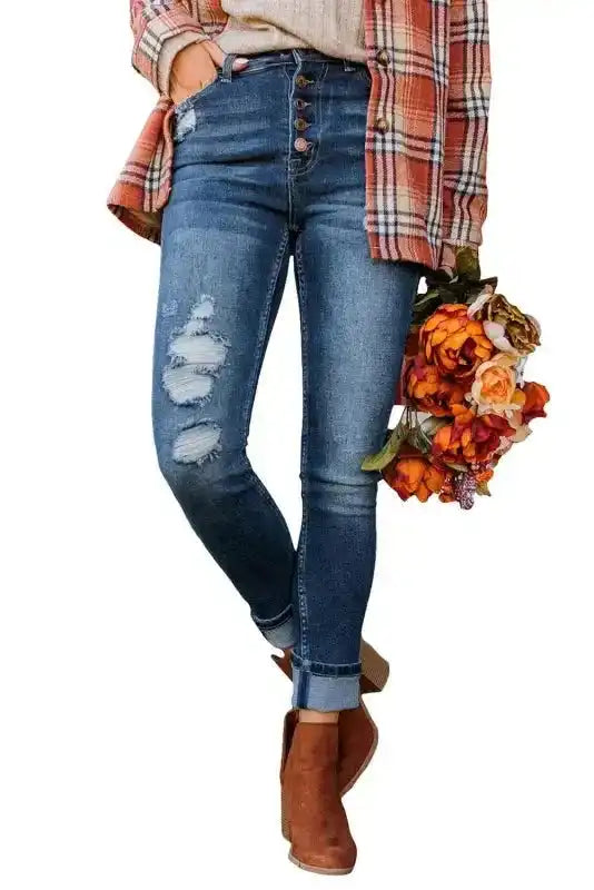 Blue Distressed Button Fly High Waist Skinny Jeans - Fashionfitz