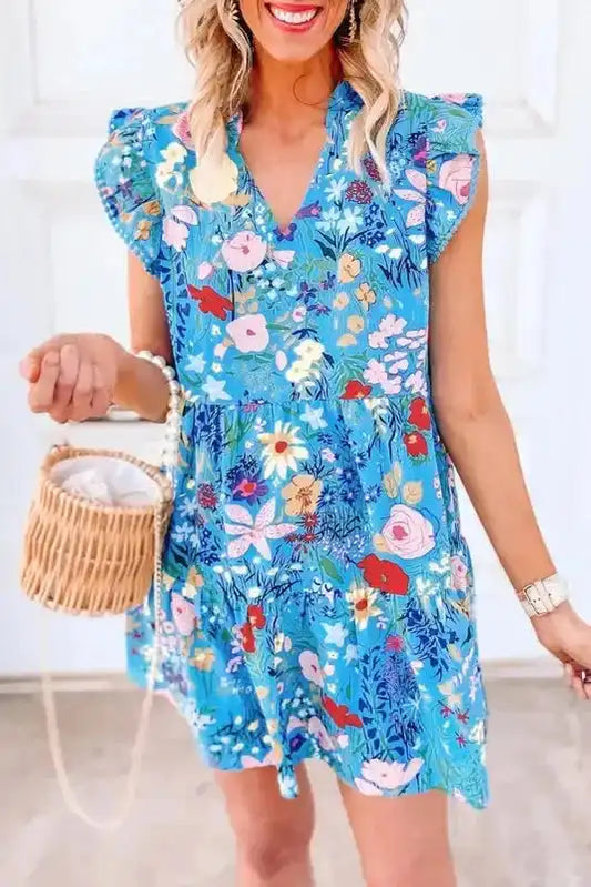 Blue Floral Flutter Sleeve Dress - Fashionfitz