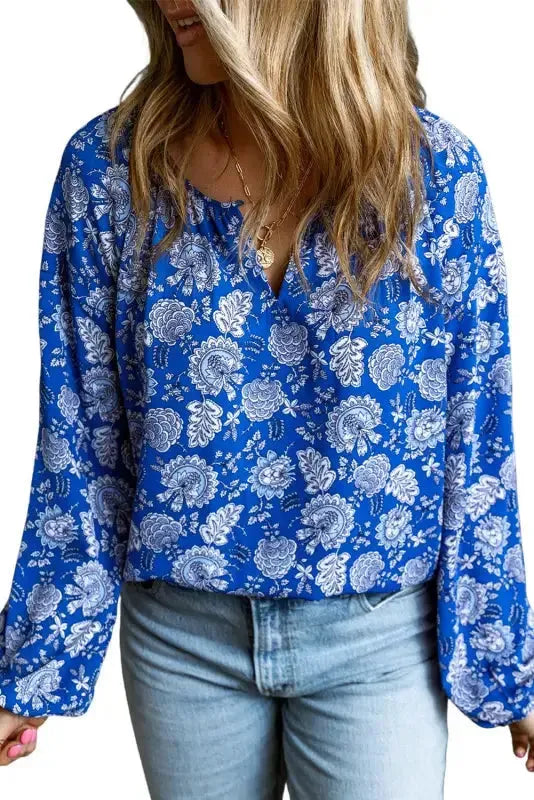 Blue Floral Notched V-Neck Long Sleeve Blouse - Fashionfitz