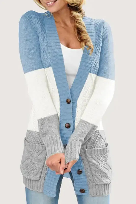 Blue Front Pocket and Buttons Closure Cardigan - Fashionfitz