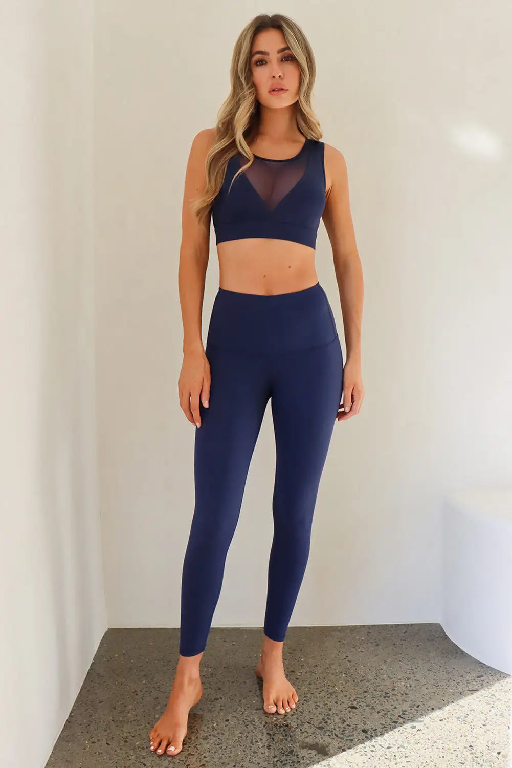 Blue mesh splicing crop top high waist sports set -