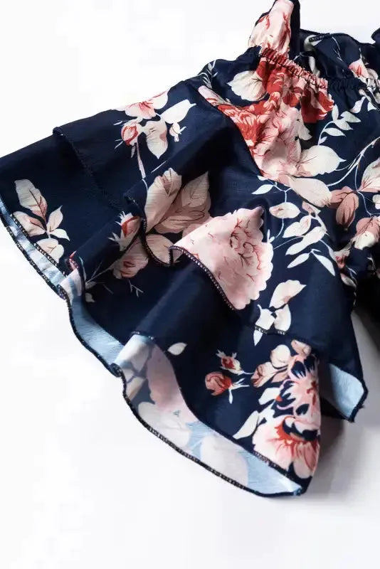 Blue Ruffle Off Shoulder Flounce Sleeve Floral Blouse - Fashionfitz