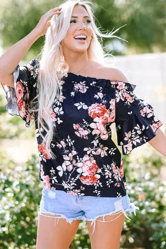 Blue Ruffle Off Shoulder Flounce Sleeve Floral Blouse - Fashionfitz