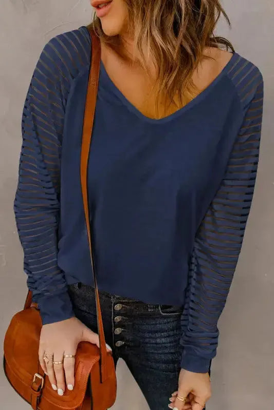 Blue Sheer Stripe V-Neck Top - Fashionfitz