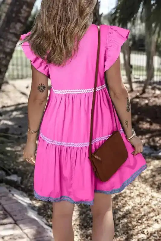 Strawberry pink flounce colourblock mini dress back view — Fashionfitz UK
