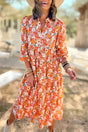 Woman wearing multicolour boho floral collared long sleeve ruffled dress front view Fashionfitz UK