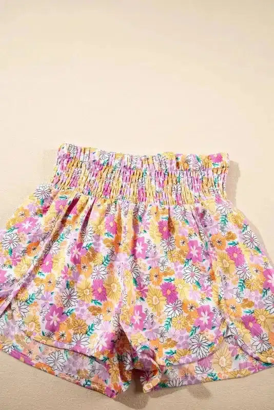 Boho Floral Shirred Casual Shorts - Fashionfitz