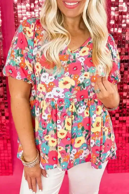 Boho Floral Short Puff Sleeve Blouse - Fashionfitz