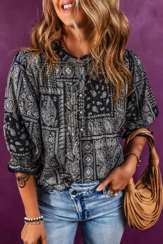 Boho Paisley Print Blouse - Navy Blue - Fashionfitz