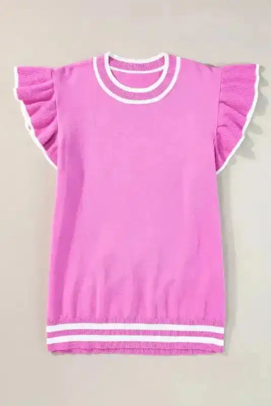 Bonbon Knit Top - Edge Piping Ruffled Sleeve Round Neck - Fashionfitz