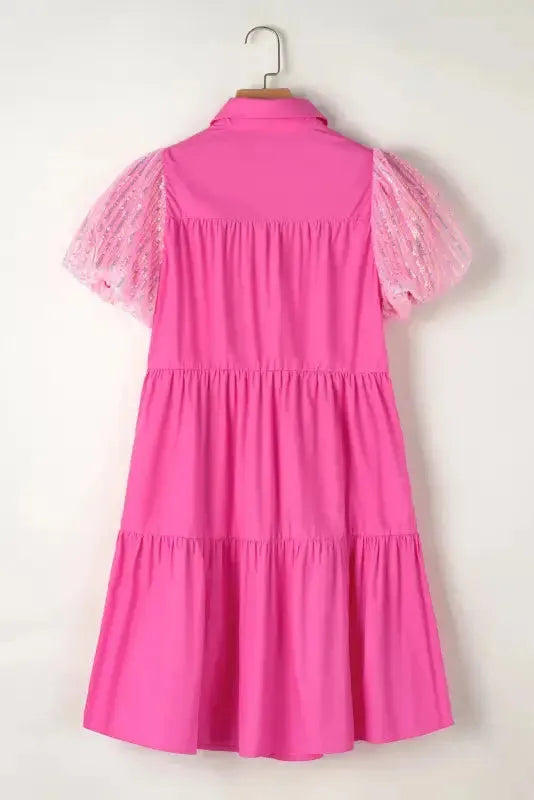 Bonbon Sequined Bubble Sleeve Tiered Ruffled Shirt Dress - Fashionfitz
