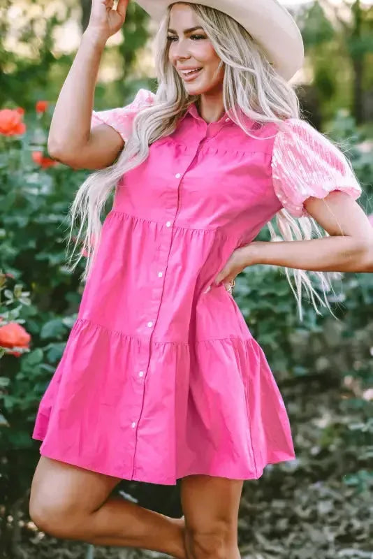 Bonbon Sequined Bubble Sleeve Tiered Ruffled Shirt Dress - Fashionfitz