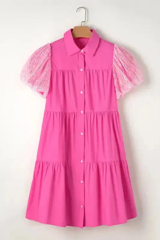 Bonbon Sequined Bubble Sleeve Tiered Ruffled Shirt Dress - Fashionfitz