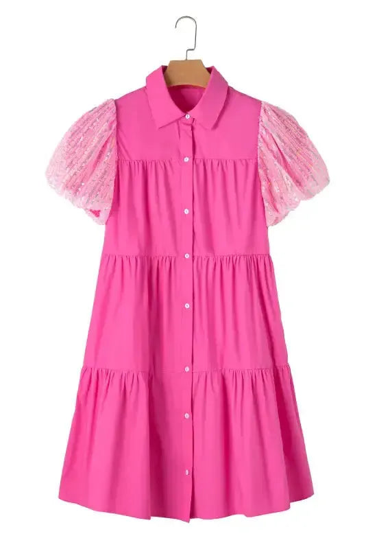 Bonbon Sequined Bubble Sleeve Tiered Ruffled Shirt Dress - Fashionfitz